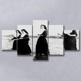 Nuns Fishing Black And White Print, Nuns Having Fun 5 Panels, Canvas Prints Wall Art Decor, Large Canvas Art