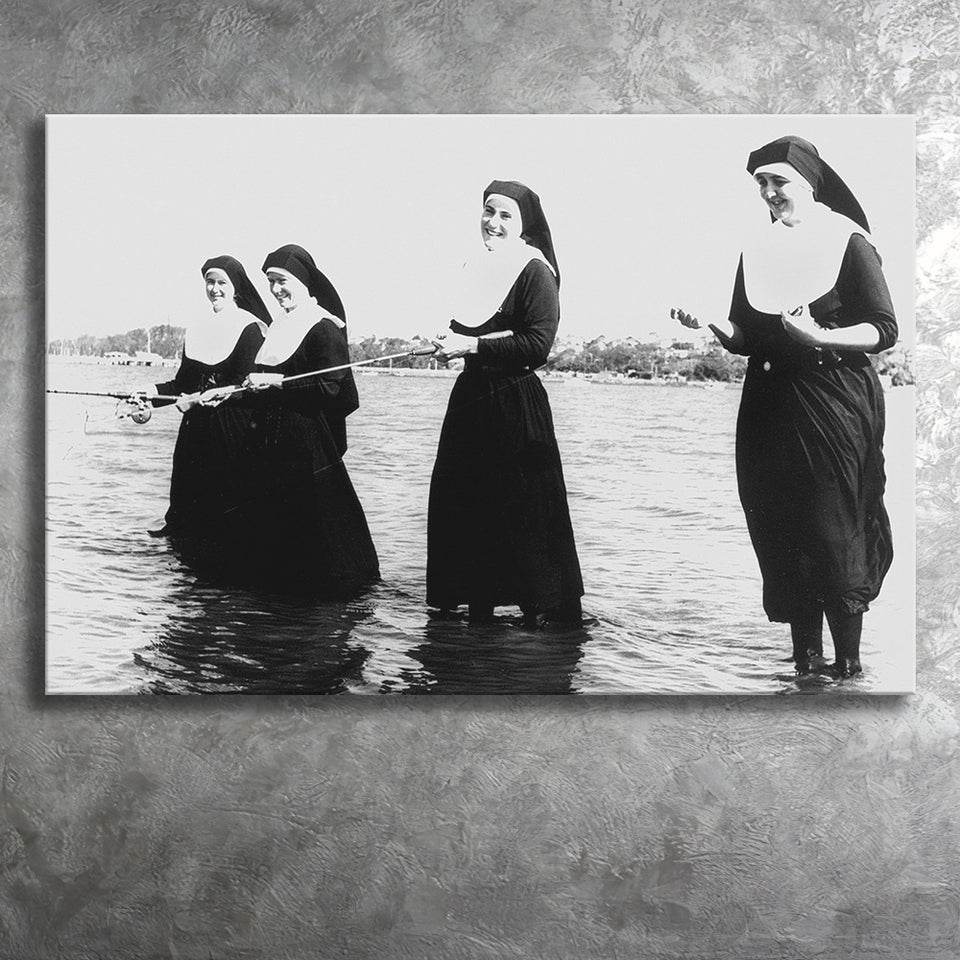 Nuns Fishing Black And White Print, Nuns Having Fun Canvas Prints Wall Art Home Decor