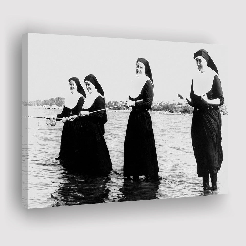 Nuns Fishing Black And White Print, Nuns Having Fun Canvas Prints Wall Art Home Decor