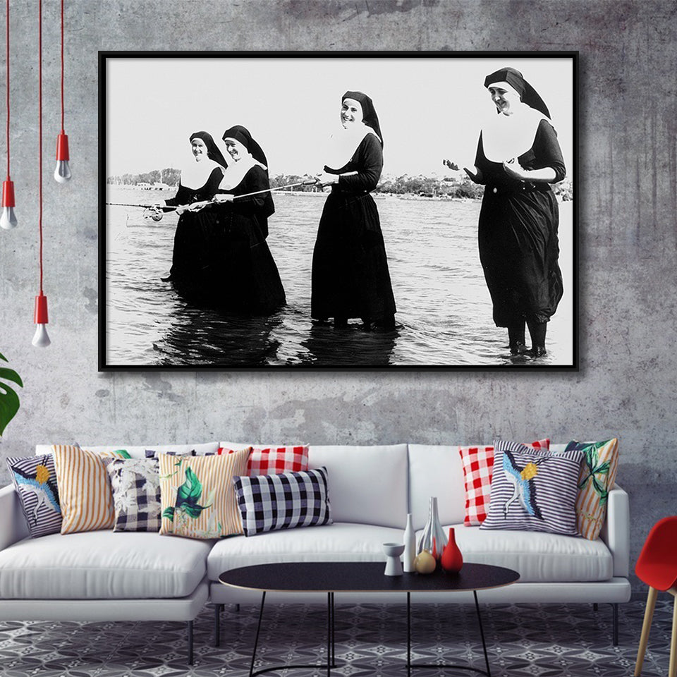 Nuns Fishing Black And White Print, Nuns Having Fun Framed Canvas Prints Wall Art Home Decor,Floating Frame