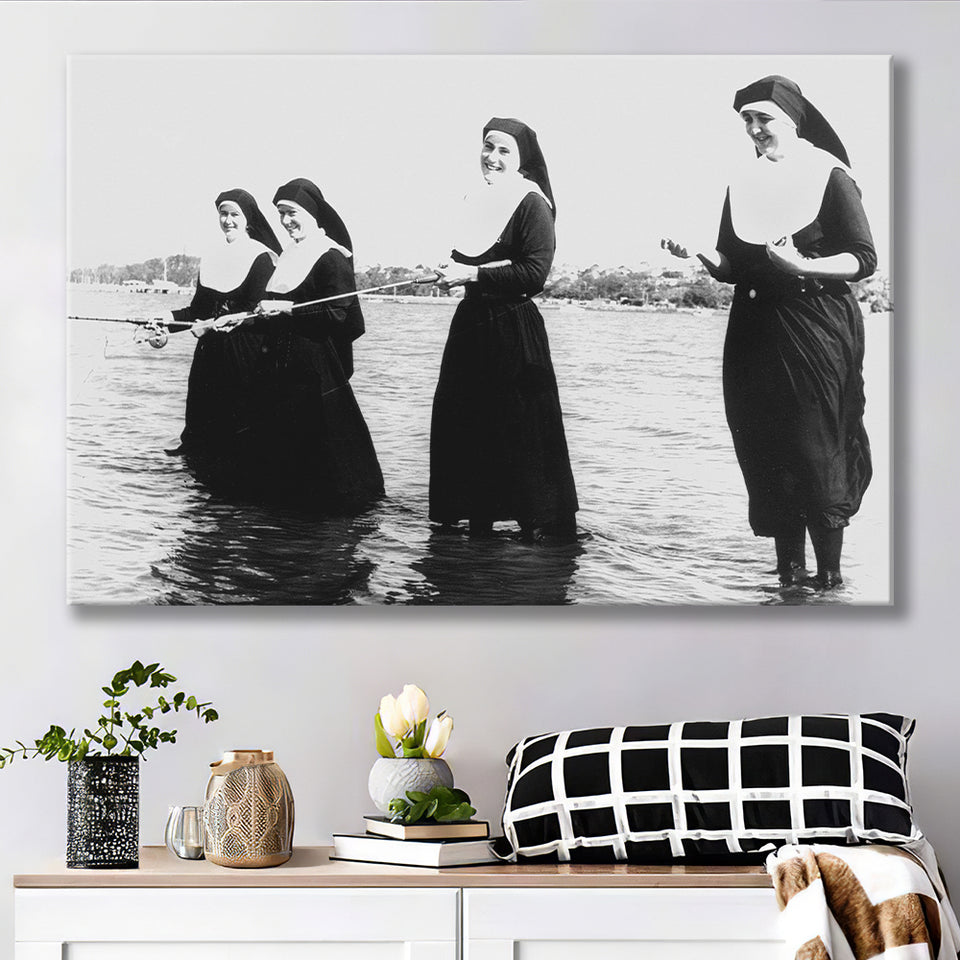Nuns Fishing Black And White Print, Nuns Having Fun Canvas Prints Wall Art Home Decor