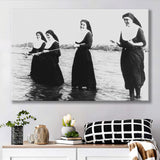 Nuns Fishing Black And White Print, Nuns Having Fun Canvas Prints Wall Art Home Decor