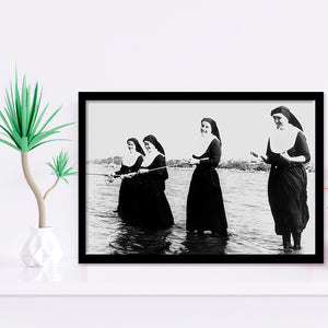 Nuns Fishing Black And White Print, Nuns Having Fun Framed Art Prints, Wall Art,Home Decor,Framed Picture