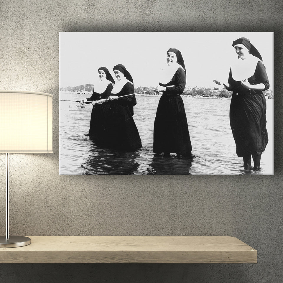 Nuns Fishing Black And White Print, Nuns Having Fun Canvas Prints Wall Art Home Decor
