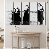 Nuns Fishing Black And White Print, Nuns Having Fun Larger Canvas Art, 5 Piece Canvas Prints Wall Art Decor