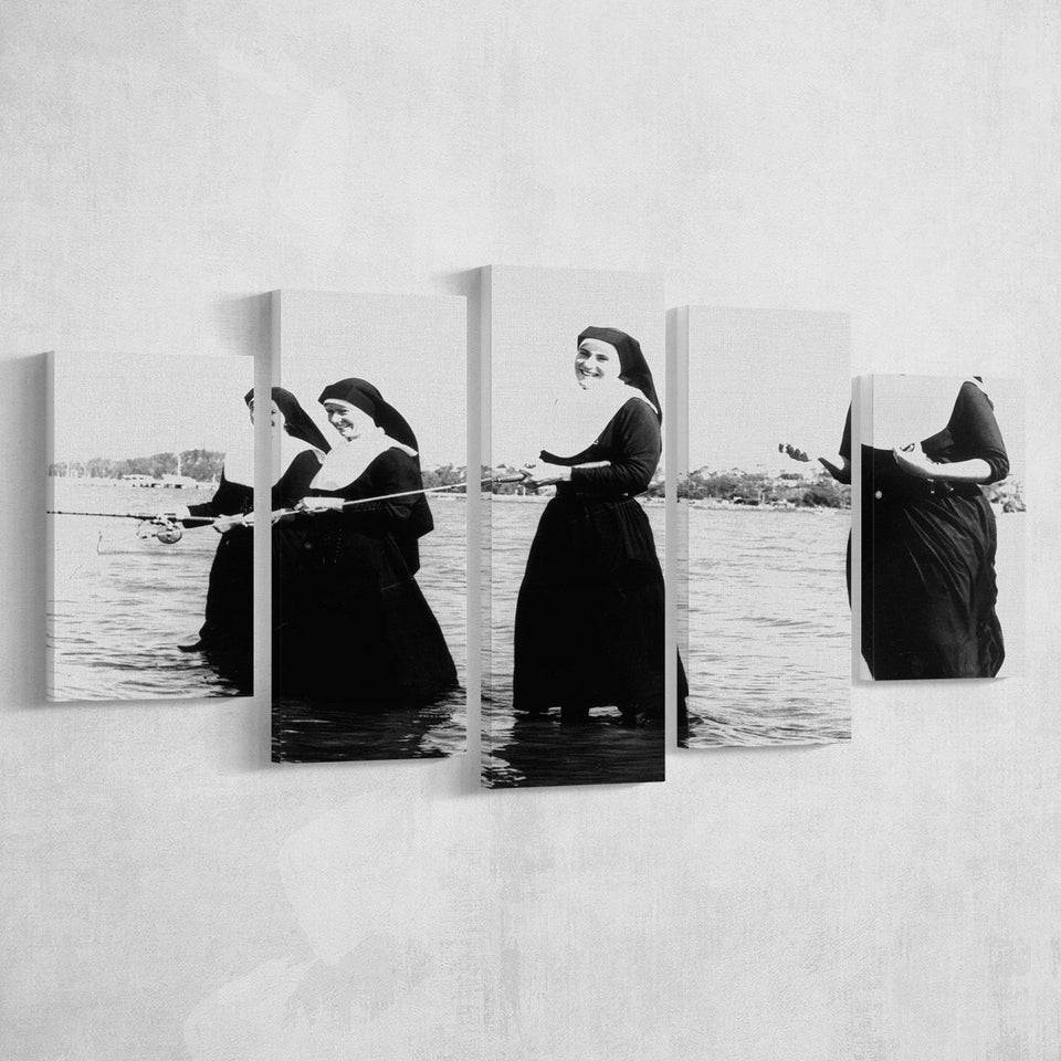 Nuns Fishing Black And White Print, Nuns Having Fun 5 Panels, Canvas Prints Wall Art Decor, Large Canvas Art