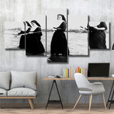 Nuns Fishing Black And White Print, Nuns Having Fun 5 Panels, Canvas Prints Wall Art Decor, Large Canvas Art