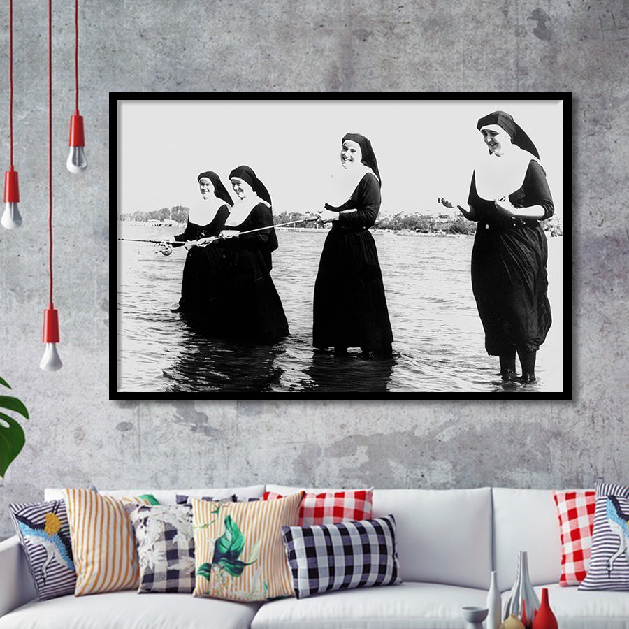 Nuns Fishing Black And White Print, Nuns Having Fun Framed Art Prints, Wall Art,Home Decor,Framed Picture