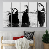 Nuns Fishing Black And White Print, Nuns Having Fun Larger Canvas Art, 5 Piece Canvas Prints Wall Art Decor