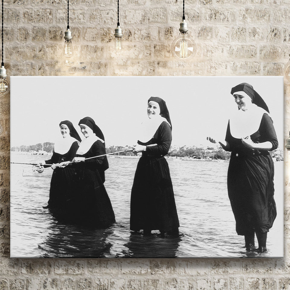 Nuns Fishing Black And White Print, Nuns Having Fun Canvas Prints Wall Art Home Decor