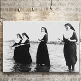 Nuns Fishing Black And White Print, Nuns Having Fun Canvas Prints Wall Art Home Decor