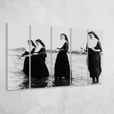 Nuns Fishing Black And White Print, Nuns Having Fun Larger Canvas Art, 5 Piece Canvas Prints Wall Art Decor