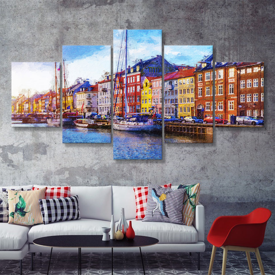 Nyhavn Pier With Color Buildings Copenhagen Denmark 5 Piece Canvas Prints Wall Art Decor - Painting Canvas, Multi Panels