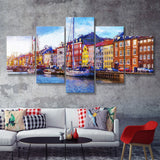 Nyhavn Pier With Color Buildings Copenhagen Denmark 5 Piece Canvas Prints Wall Art Decor - Painting Canvas, Multi Panels