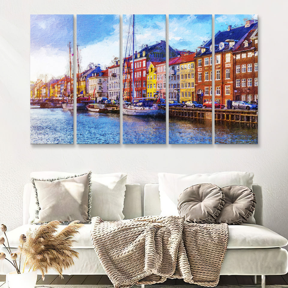 Nyhavn Pier With Color Buildings Copenhagen Denmark 5 Piece B Canvas Prints Wall Art Decor - Painting Canvas, Multi Panels