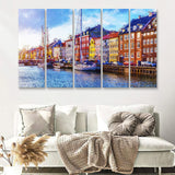 Nyhavn Pier With Color Buildings Copenhagen Denmark 5 Piece B Canvas Prints Wall Art Decor - Painting Canvas, Multi Panels