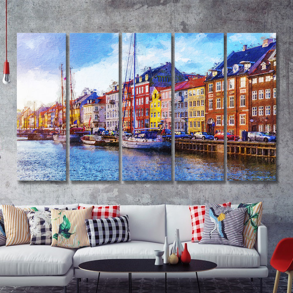 Nyhavn Pier With Color Buildings Copenhagen Denmark 5 Piece B Canvas Prints Wall Art Decor - Painting Canvas, Multi Panels