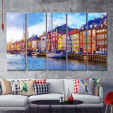 Nyhavn Pier With Color Buildings Copenhagen Denmark 5 Piece B Canvas Prints Wall Art Decor - Painting Canvas, Multi Panels