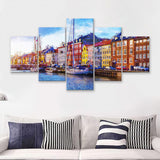 Nyhavn Pier With Color Buildings Copenhagen Denmark 5 Piece Canvas Prints Wall Art Decor - Painting Canvas, Multi Panels