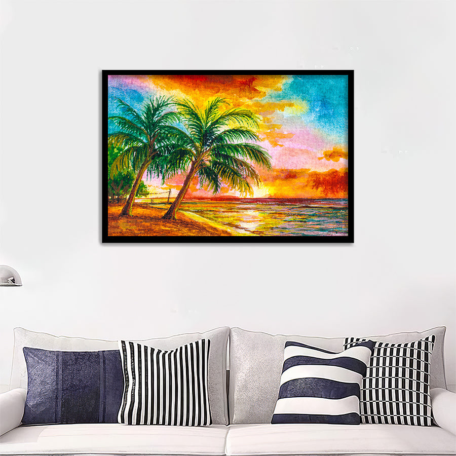 Ocean Beach With Palm Trees Framed Wall Art - Framed Prints, Art Prints, Print for Sale, Painting Prints