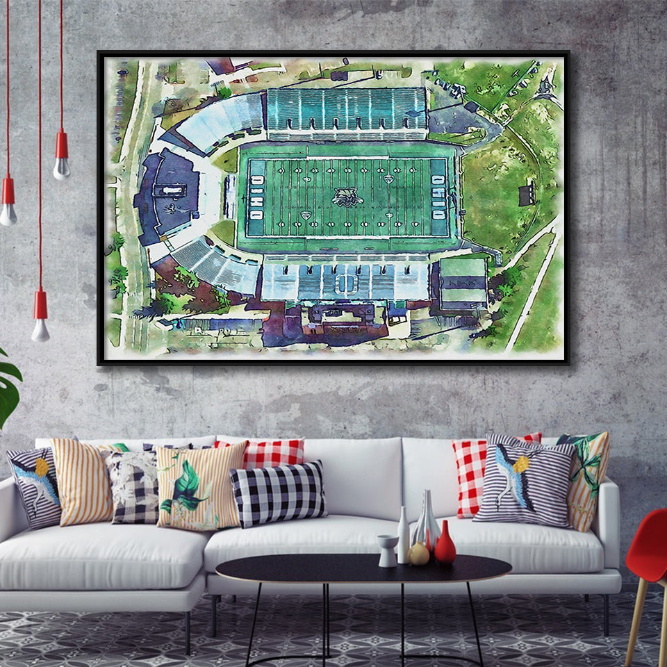 Ohio Bobcats Don Peden Stadium Watercolor, Sport Art Prints Fan Gift, Framed Canvas Prints Wall Art Decor