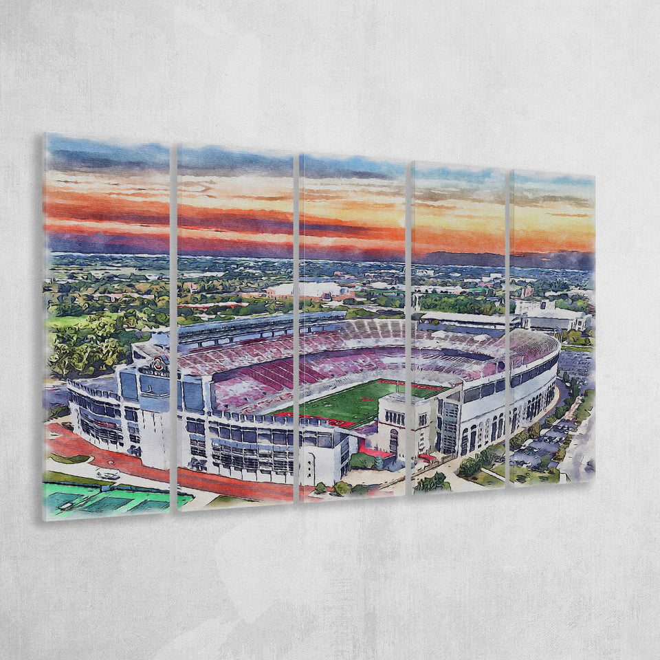 Ohio State Buckeyes Ohio Stadium Watercolor, 5 Pieces B, Multi Panel Canvas Prints Wall Art Decor