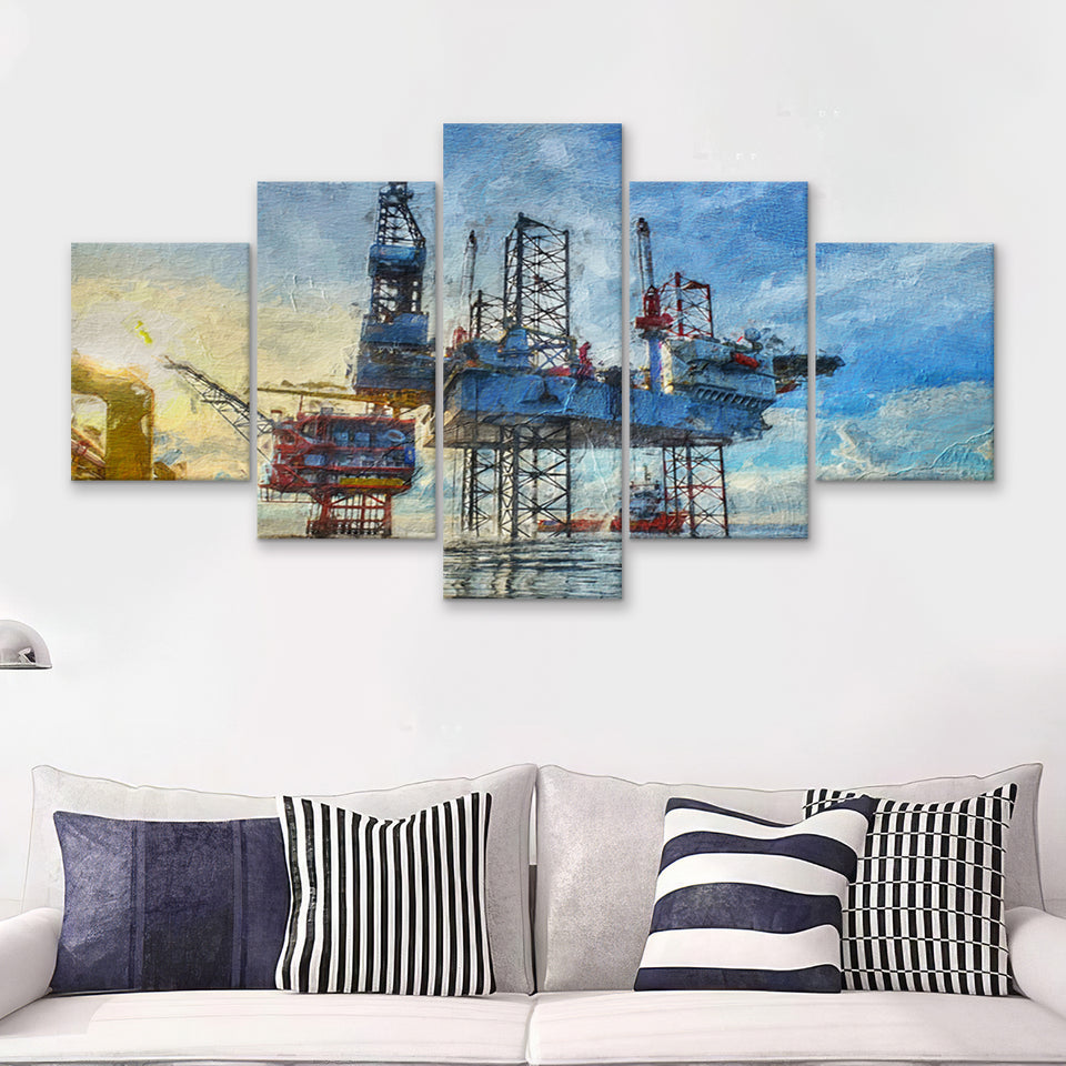 Oil Platform 5 Piece Canvas Prints Wall Art Decor - Painting Canvas, Multi Panels