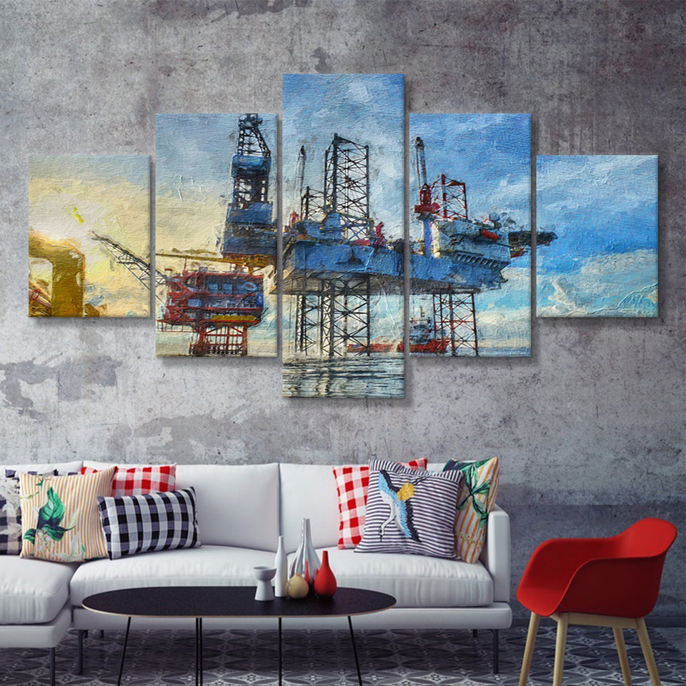Oil Platform 5 Piece Canvas Prints Wall Art Decor - Painting Canvas, Multi Panels