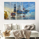 Oil Platform 5 Piece B Canvas Prints Wall Art Decor - Painting Canvas, Multi Panels