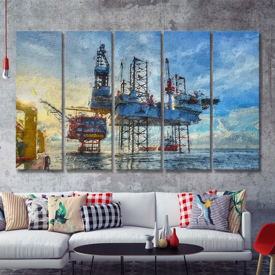 Oil Platform 5 Piece B Canvas Prints Wall Art Decor - Painting Canvas, Multi Panels