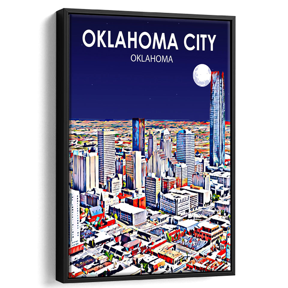 Oklahoma City Oklahoma Night Landscape, Large Canvas, Framed Canvas Print Wall Art Home Decor, Floating Frame