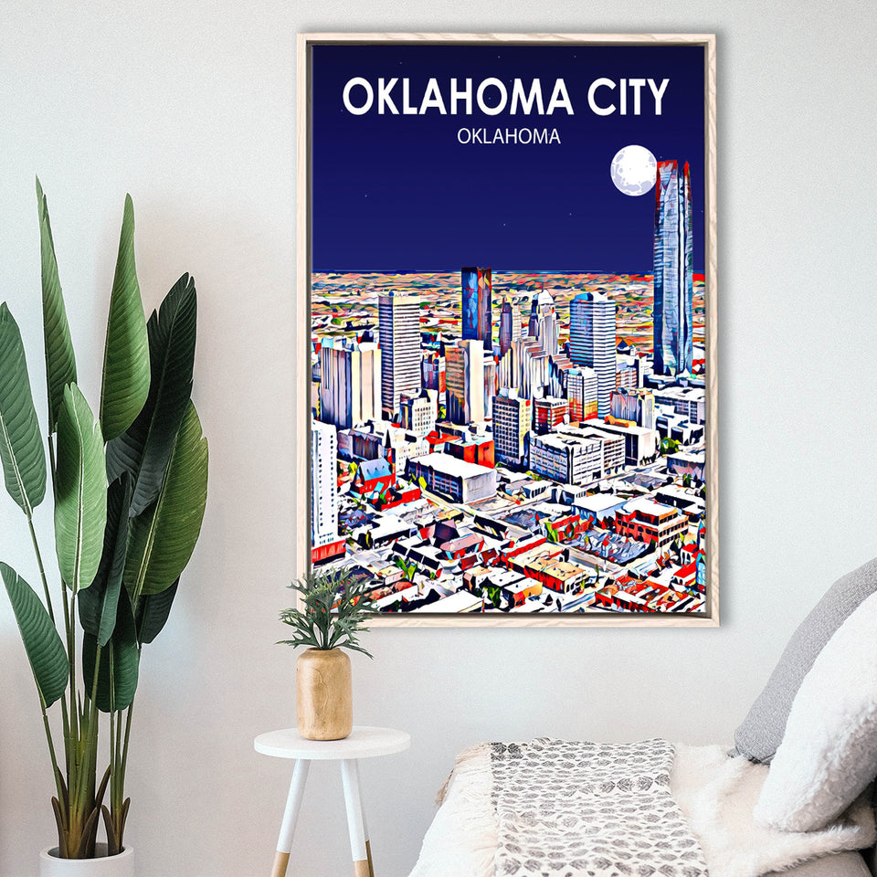 Oklahoma City Oklahoma Night Landscape, Large Canvas, Framed Canvas Print Wall Art Home Decor, Floating Frame