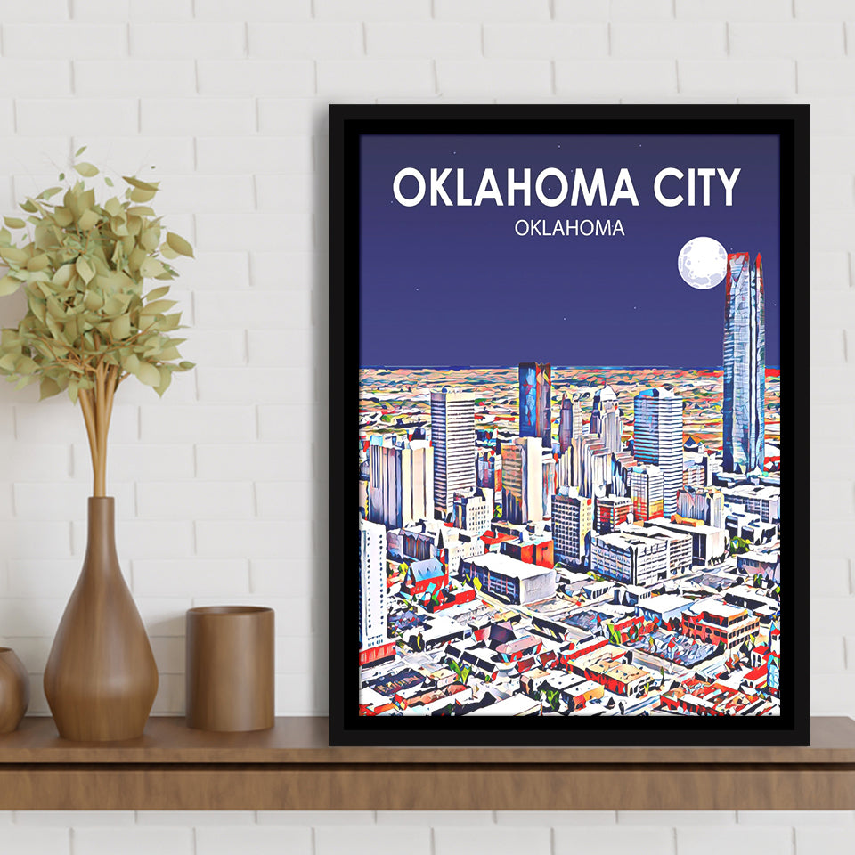 Oklahoma City Oklahoma Night Landscape, Large Canvas, Framed Canvas Print Wall Art Home Decor, Floating Frame