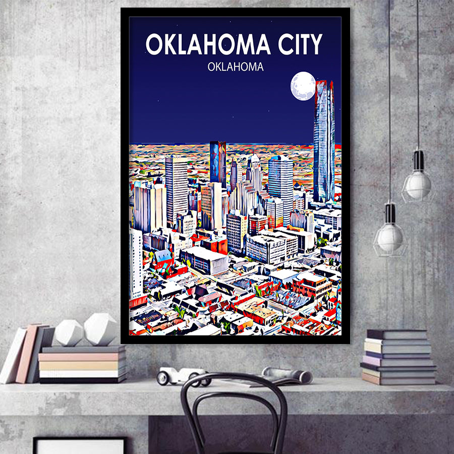 Oklahoma City Oklahoma Night Landscape, City Art Print, Framed Art Print Wall Art Home Decor, Framed Picture