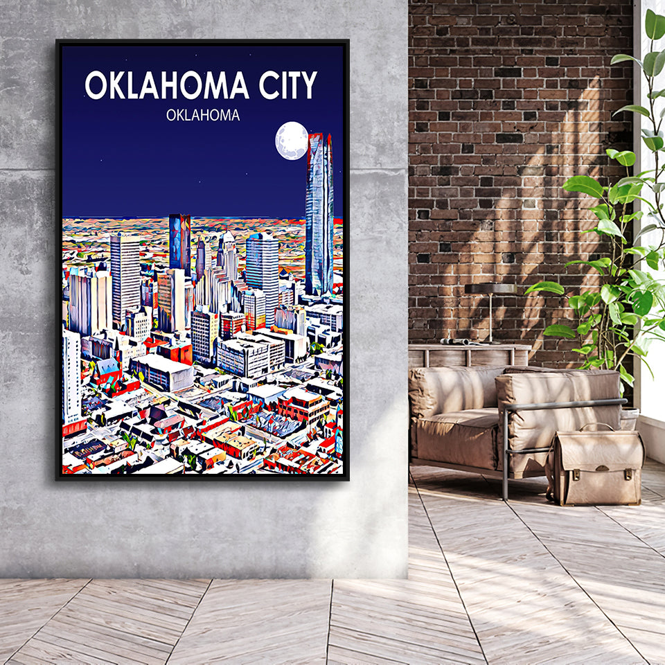 Oklahoma City Oklahoma Night Landscape, Large Canvas, Framed Canvas Print Wall Art Home Decor, Floating Frame