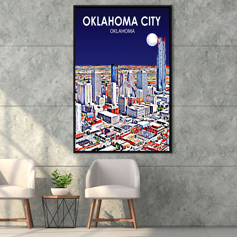 Oklahoma City Oklahoma Night Landscape, Large Canvas, Framed Canvas Print Wall Art Home Decor, Floating Frame