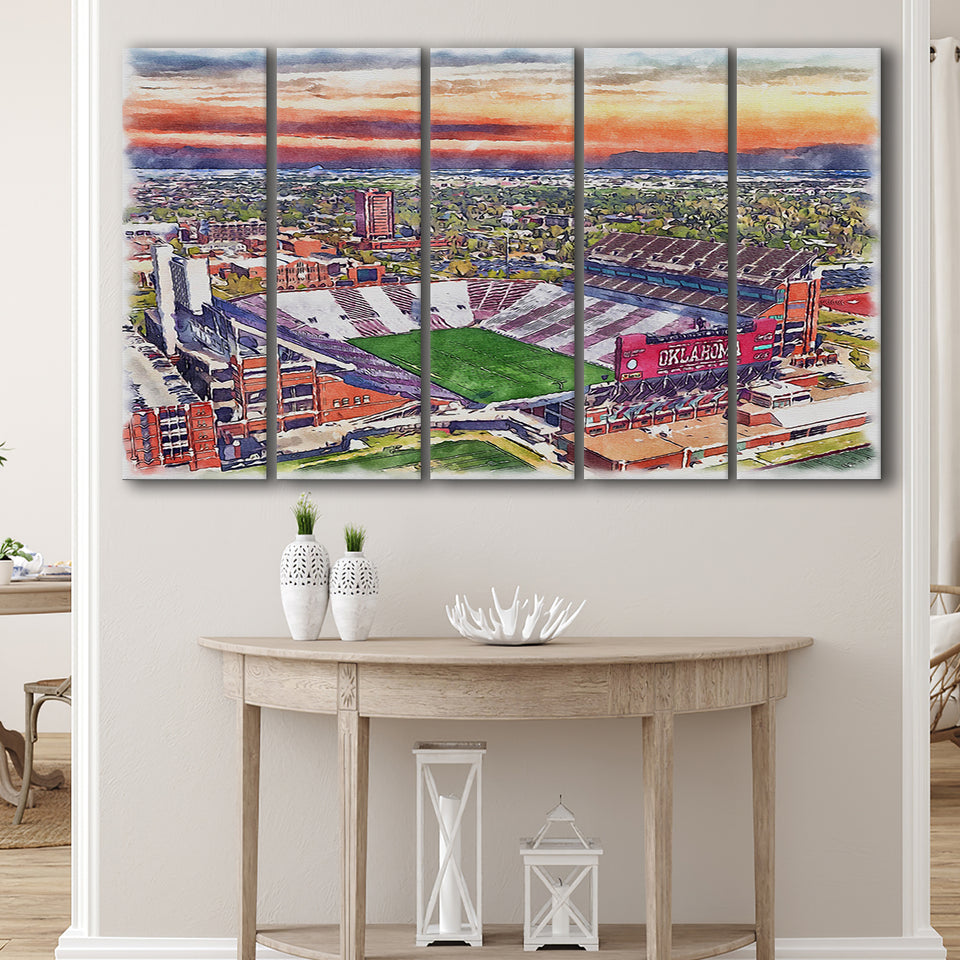Oklahoma Memorial Stadium Oklahoma College Stadium Watercolor, 5 Pieces B, Multi Panel Canvas Prints Wall Art Decor