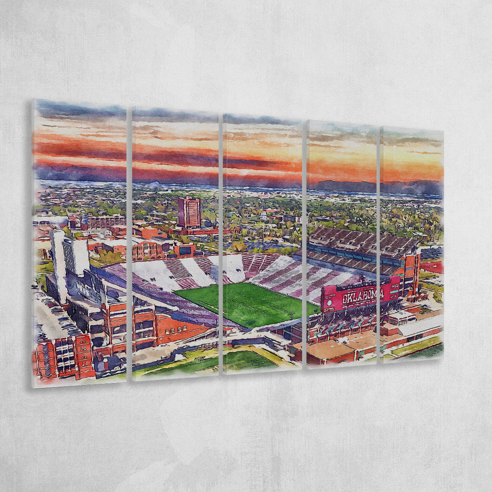 Oklahoma Memorial Stadium Oklahoma College Stadium Watercolor, 5 Pieces B, Multi Panel Canvas Prints Wall Art Decor