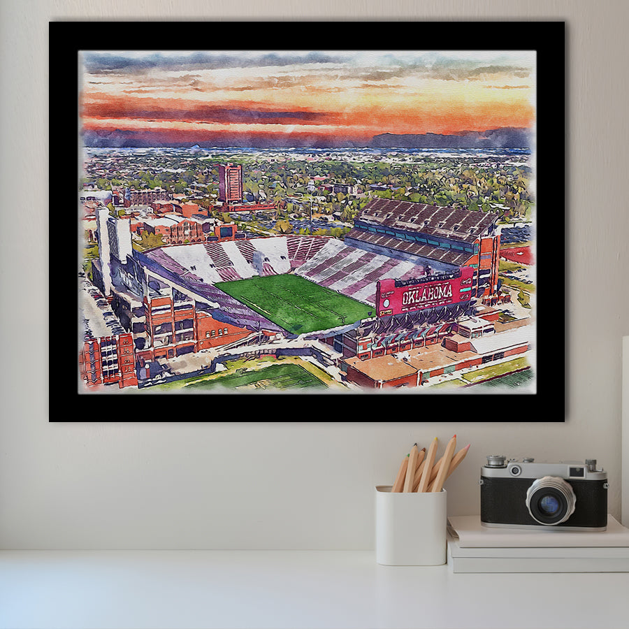 Oklahoma Memorial Stadium Oklahoma College Stadium Watercolor, Sport Prints Fan Gift, Framed Art Prints Wall Art Decor
