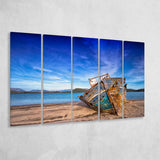 Old Boat on the Beach Boat Canvas Art Vintage Boat 5 Panels B,Large Canvas,Canvas Prints Wall Art Home Decor