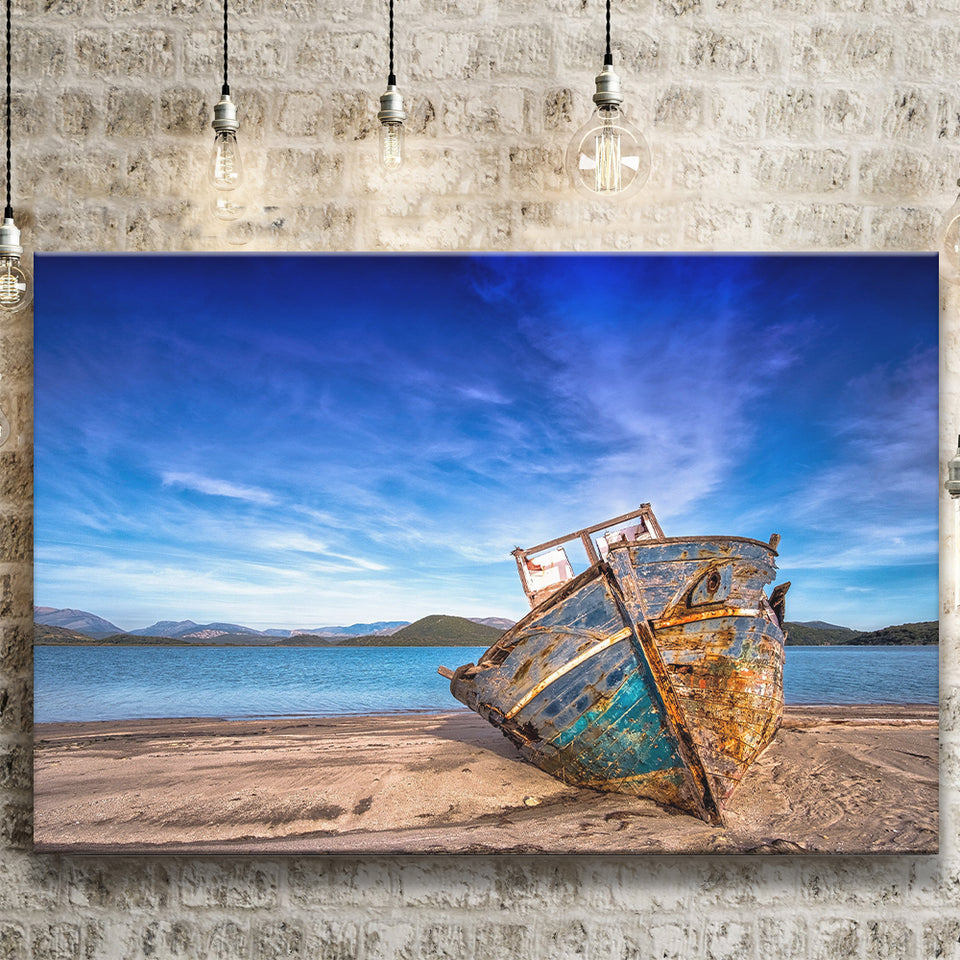 Old Boat on the Beach Boat Canvas Art Vintage Boat Canvas Prints Wall Art Home Decor - Painting Canvas, Ready to hang