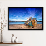 Old Boat on the Beach Boat Canvas Art Vintage Boat Framed Canvas Prints Wall Art Decor, Black Floating Frame