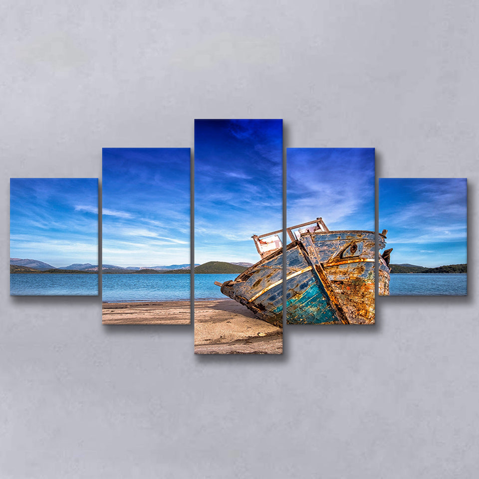Old Boat on the Beach Boat Canvas Art Vintage Boat Multi Panels,Canvas Prints Wall Art Home Decor