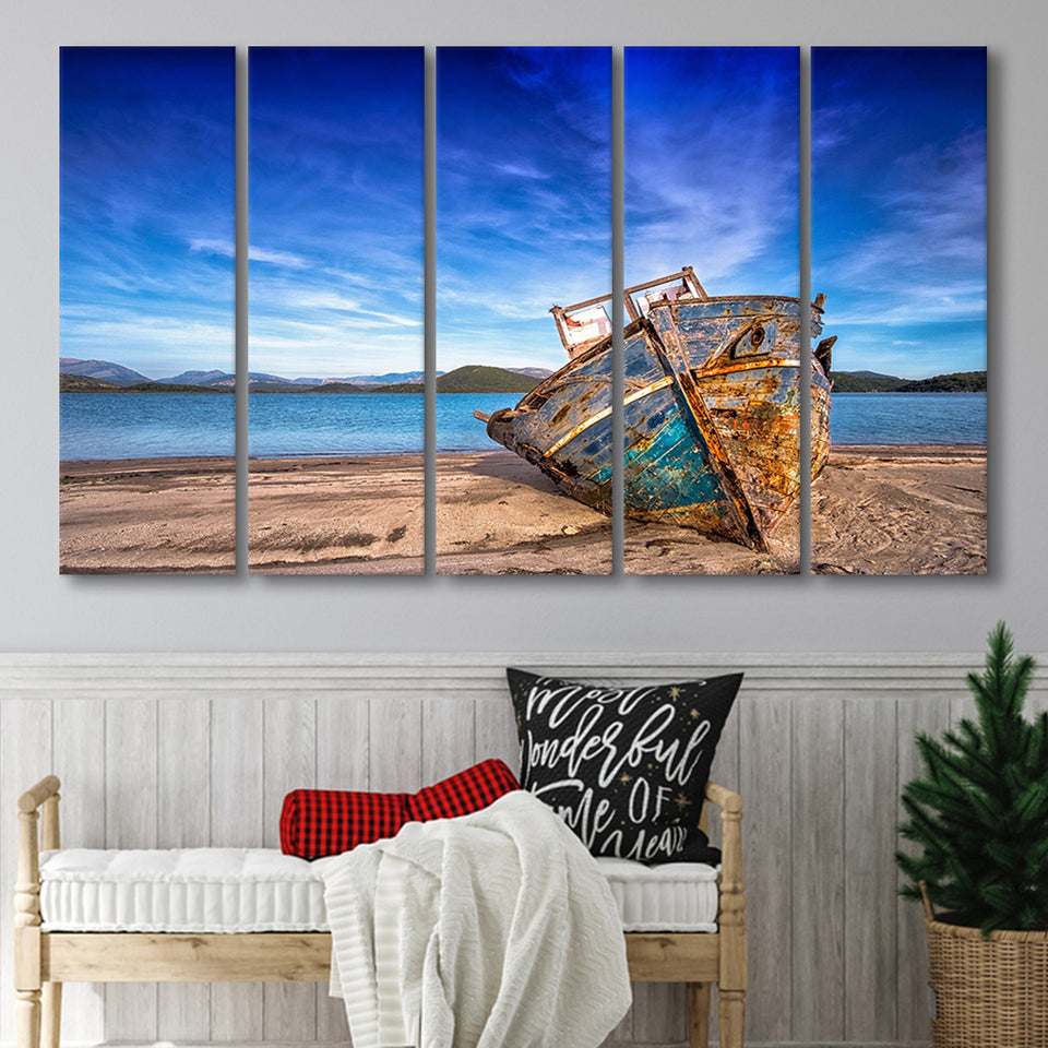 Old Boat on the Beach Boat Canvas Art Vintage Boat 5 Panels B,Large Canvas,Canvas Prints Wall Art Home Decor