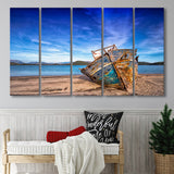 Old Boat on the Beach Boat Canvas Art Vintage Boat 5 Panels B,Large Canvas,Canvas Prints Wall Art Home Decor