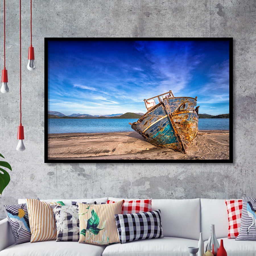Old Boat on the Beach Boat Art Vintage Boat Framed Art Prints Wall Art Decor,Black Frame, Ready to hang