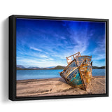 Old Boat on the Beach Boat Canvas Art Vintage Boat Framed Canvas Prints Wall Art Decor, Black Floating Frame