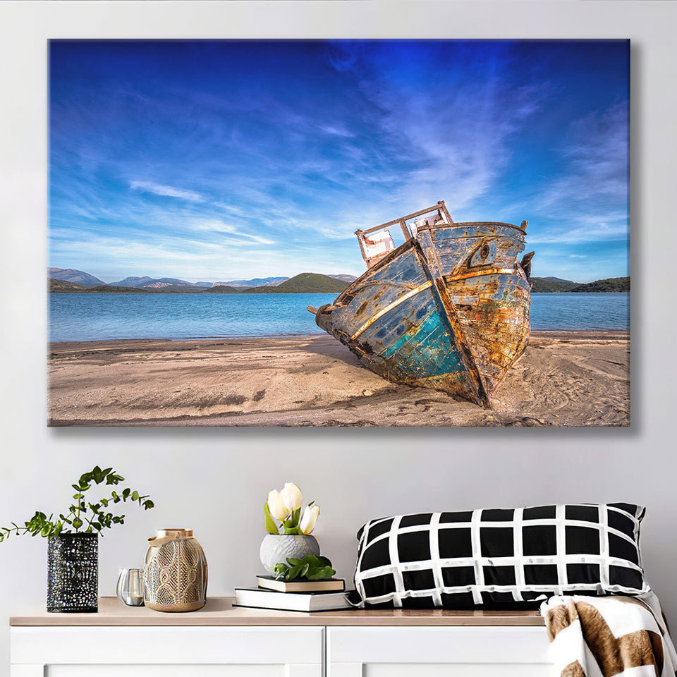 Old Boat on the Beach Boat Canvas Art Vintage Boat Canvas Prints Wall Art Home Decor - Painting Canvas, Ready to hang