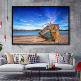 Old Boat on the Beach Boat Canvas Art Vintage Boat Framed Canvas Prints Wall Art Decor, Black Floating Frame