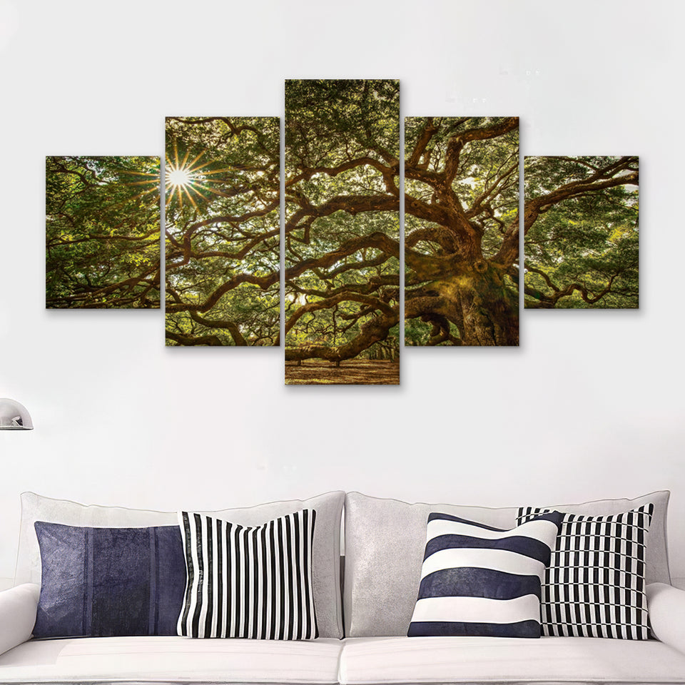 Old Oak Tree W Sunlight  5 Pieces Canvas Prints Wall Art - Painting Canvas, Multi Panels, 5 Panel, Wall Decor